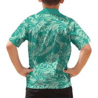 Tahiti Teal Tiare Floral Family Matching Long Sleeve Bodycon Dress and Hawaiian Shirt Monstera Palm Tropical Leaves LT01 - Polynesian Pride
