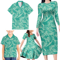 Tahiti Teal Tiare Floral Family Matching Long Sleeve Bodycon Dress and Hawaiian Shirt Monstera Palm Tropical Leaves LT01 - Polynesian Pride
