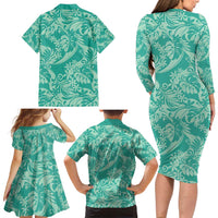 Tahiti Teal Tiare Floral Family Matching Long Sleeve Bodycon Dress and Hawaiian Shirt Monstera Palm Tropical Leaves - Polynesian Pride