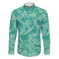 Tahiti Teal Tiare Floral Family Matching Long Sleeve Bodycon Dress and Hawaiian Shirt Monstera Palm Tropical Leaves LT01 Dad's Shirt - Long Sleeve Teal - Polynesian Pride