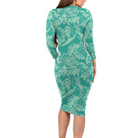 Tahiti Teal Tiare Floral Family Matching Long Sleeve Bodycon Dress and Hawaiian Shirt Monstera Palm Tropical Leaves LT01 - Polynesian Pride