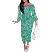 Tahiti Teal Tiare Floral Family Matching Off The Shoulder Long Sleeve Dress and Hawaiian Shirt Monstera Palm Tropical Leaves - Polynesian Pride