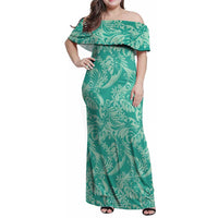 Tahiti Teal Tiare Floral Family Matching Off Shoulder Maxi Dress and Hawaiian Shirt Monstera Palm Tropical Leaves - Polynesian Pride