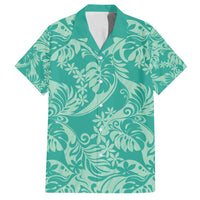 Tahiti Teal Tiare Floral Family Matching Off Shoulder Short Dress and Hawaiian Shirt Monstera Palm Tropical Leaves - Polynesian Pride