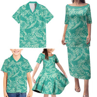 Tahiti Teal Tiare Floral Family Matching Puletasi and Hawaiian Shirt Monstera Palm Tropical Leaves - Polynesian Pride