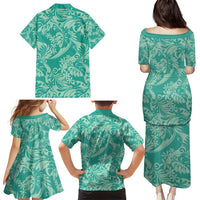 Tahiti Teal Tiare Floral Family Matching Puletasi and Hawaiian Shirt Monstera Palm Tropical Leaves LT01 - Polynesian Pride