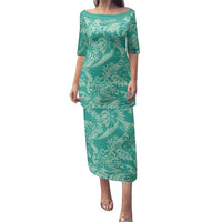 Tahiti Teal Tiare Floral Family Matching Puletasi and Hawaiian Shirt Monstera Palm Tropical Leaves LT01 Mom's Dress Teal - Polynesian Pride