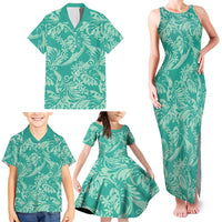 Tahiti Teal Tiare Floral Family Matching Tank Maxi Dress and Hawaiian Shirt Monstera Palm Tropical Leaves LT01 - Polynesian Pride