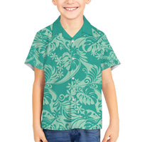 Tahiti Teal Tiare Floral Family Matching Tank Maxi Dress and Hawaiian Shirt Monstera Palm Tropical Leaves LT01 Son's Shirt Teal - Polynesian Pride