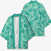 Tahiti Teal Tiare Floral Kimono Monstera Palm Tropical Leaves - Polynesian Pride