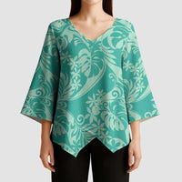 Tahiti Teal Tiare Floral Kimono Sleeve Blouse Monstera Palm Tropical Leaves - Polynesian Pride