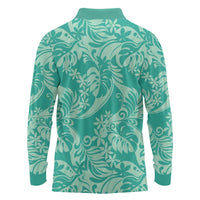 Tahiti Teal Tiare Floral Long Sleeve Polo Shirt Monstera Palm Tropical Leaves - Polynesian Pride