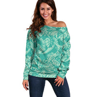 Tahiti Teal Tiare Floral Off Shoulder Sweater Monstera Palm Tropical Leaves - Polynesian Pride