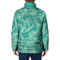 Tahiti Teal Tiare Floral Padded Jacket Monstera Palm Tropical Leaves - Polynesian Pride
