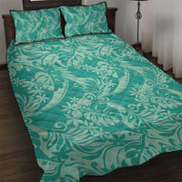 Tahiti Teal Tiare Floral Quilt Bed Set Monstera Palm Tropical Leaves - Polynesian Pride