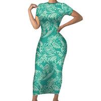 Tahiti Teal Tiare Floral Short Sleeve Bodycon Dress Monstera Palm Tropical Leaves - Polynesian Pride