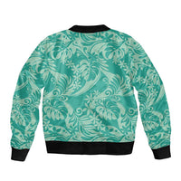 Tahiti Teal Tiare Floral Sleeve Zip Bomber Jacket Monstera Palm Tropical Leaves LT01 - Polynesian Pride