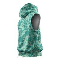 Tahiti Teal Tiare Floral Sleeveless Hoodie Monstera Palm Tropical Leaves - Polynesian Pride