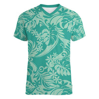 Tahiti Teal Tiare Floral Women V-Neck T-Shirt Monstera Palm Tropical Leaves LT01 Female Teal - Polynesian Pride