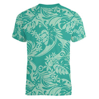 Tahiti Teal Tiare Floral Women V-Neck T-Shirt Monstera Palm Tropical Leaves LT01 - Polynesian Pride