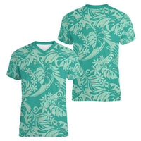 Tahiti Teal Tiare Floral Women V-Neck T-Shirt Monstera Palm Tropical Leaves LT01 - Polynesian Pride