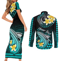 Personalised Hawaii Couples Matching Short Sleeve Bodycon Dress and Long Sleeve Button Shirts Polynesian Shark with Kakau Turquoise Version LT01 - Polynesian Pride