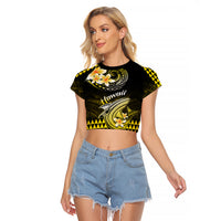 Hawaii Raglan Cropped T Shirt Polynesian Shark with Kakau Yellow Version LT01 Female Yellow - Polynesian Pride