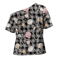 Hawaiian Ocean Seashells Cross Shoulder Shirt Black Palaka Pattern