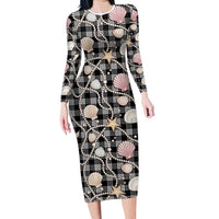 Hawaiian Ocean Seashells Family Matching Long Sleeve Bodycon Dress and Hawaiian Shirt Black Palaka Pattern