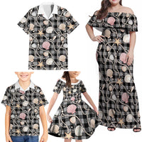 Hawaiian Ocean Seashells Family Matching Off Shoulder Maxi Dress and Hawaiian Shirt Black Palaka Pattern