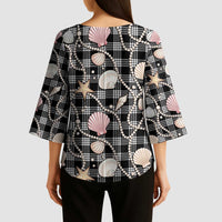 Hawaiian Ocean Seashells Kimono Sleeve Blouse Black Palaka Pattern