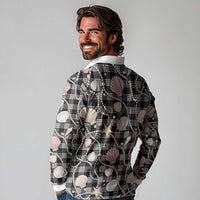 Hawaiian Ocean Seashells Long Sleeve Polo Shirt Black Palaka Pattern