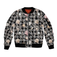 Hawaiian Ocean Seashells Sleeve Zip Bomber Jacket Black Palaka Pattern