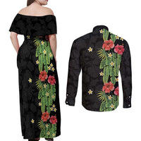 Hawaiian Hibiscus Plumeria Couples Matching Off Shoulder Maxi Dress and Long Sleeve Button Shirt Tropical Leaves