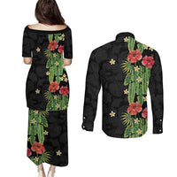 Hawaiian Hibiscus Plumeria Couples Matching Puletasi and Long Sleeve Button Shirt Tropical Leaves