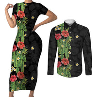 Hawaiian Hibiscus Plumeria Couples Matching Short Sleeve Bodycon Dress and Long Sleeve Button Shirt Tropical Leaves