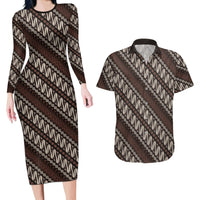 Yogyakarta Parang Batik Motifs Couples Matching Long Sleeve Bodycon Dress and Hawaiian Shirt Indonesian Traditional Pattern LT01 Brown - Polynesian Pride