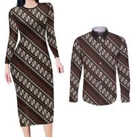 Yogyakarta Parang Batik Motifs Couples Matching Long Sleeve Bodycon Dress and Long Sleeve Button Shirt Indonesian Traditional Pattern LT01 Brown - Polynesian Pride