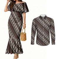 Yogyakarta Parang Batik Motifs Couples Matching Mermaid Dress and Long Sleeve Button Shirt Indonesian Traditional Pattern LT01 Brown - Polynesian Pride