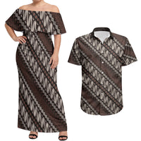 Yogyakarta Parang Batik Motifs Couples Matching Off Shoulder Maxi Dress and Hawaiian Shirt Indonesian Traditional Pattern LT01 Brown - Polynesian Pride