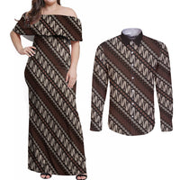 Yogyakarta Parang Batik Motifs Couples Matching Off Shoulder Maxi Dress and Long Sleeve Button Shirt Indonesian Traditional Pattern LT01 Brown - Polynesian Pride