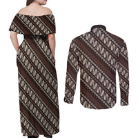 Yogyakarta Parang Batik Motifs Couples Matching Off Shoulder Maxi Dress and Long Sleeve Button Shirt Indonesian Traditional Pattern LT01 - Polynesian Pride
