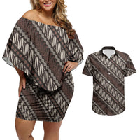 Yogyakarta Parang Batik Motifs Couples Matching Off Shoulder Short Dress and Hawaiian Shirt Indonesian Traditional Pattern LT01 Brown - Polynesian Pride