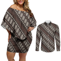 Yogyakarta Parang Batik Motifs Couples Matching Off Shoulder Short Dress and Long Sleeve Button Shirt Indonesian Traditional Pattern LT01 Brown - Polynesian Pride