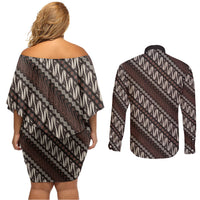 Yogyakarta Parang Batik Motifs Couples Matching Off Shoulder Short Dress and Long Sleeve Button Shirt Indonesian Traditional Pattern