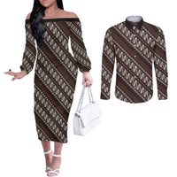 Yogyakarta Parang Batik Motifs Couples Matching Off The Shoulder Long Sleeve Dress and Long Sleeve Button Shirt Indonesian Traditional Pattern LT01 Brown - Polynesian Pride