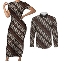 Yogyakarta Parang Batik Motifs Couples Matching Short Sleeve Bodycon Dress and Long Sleeve Button Shirt Indonesian Traditional Pattern LT01 Brown - Polynesian Pride