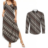 Yogyakarta Parang Batik Motifs Couples Matching Summer Maxi Dress and Long Sleeve Button Shirt Indonesian Traditional Pattern LT01 Brown - Polynesian Pride