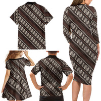 Yogyakarta Parang Batik Motifs Family Matching Long Sleeve Bodycon Dress and Hawaiian Shirt Indonesian Traditional Pattern LT01 Mom's Dress Brown - Polynesian Pride