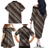 Yogyakarta Parang Batik Motifs Family Matching Off The Shoulder Long Sleeve Dress and Hawaiian Shirt Indonesian Traditional Pattern LT01 Mom's Dress Brown - Polynesian Pride